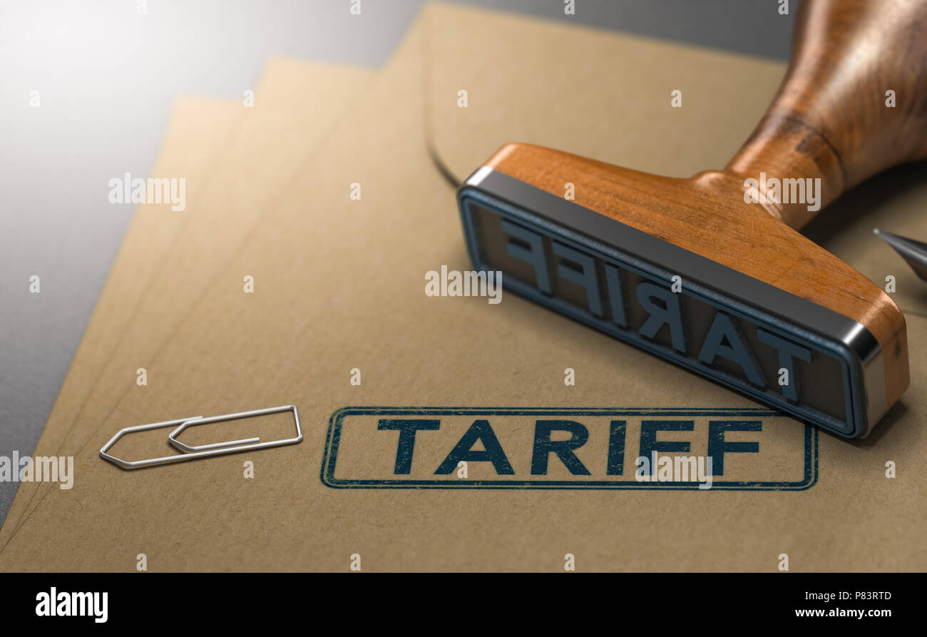 3D-Darstellung eines Stempels mit dem Wort Tarif auf Papier Hintergrund gestempelt. Konzept der Steuern oder Abgaben auf eingeführte Waren. Stockfoto