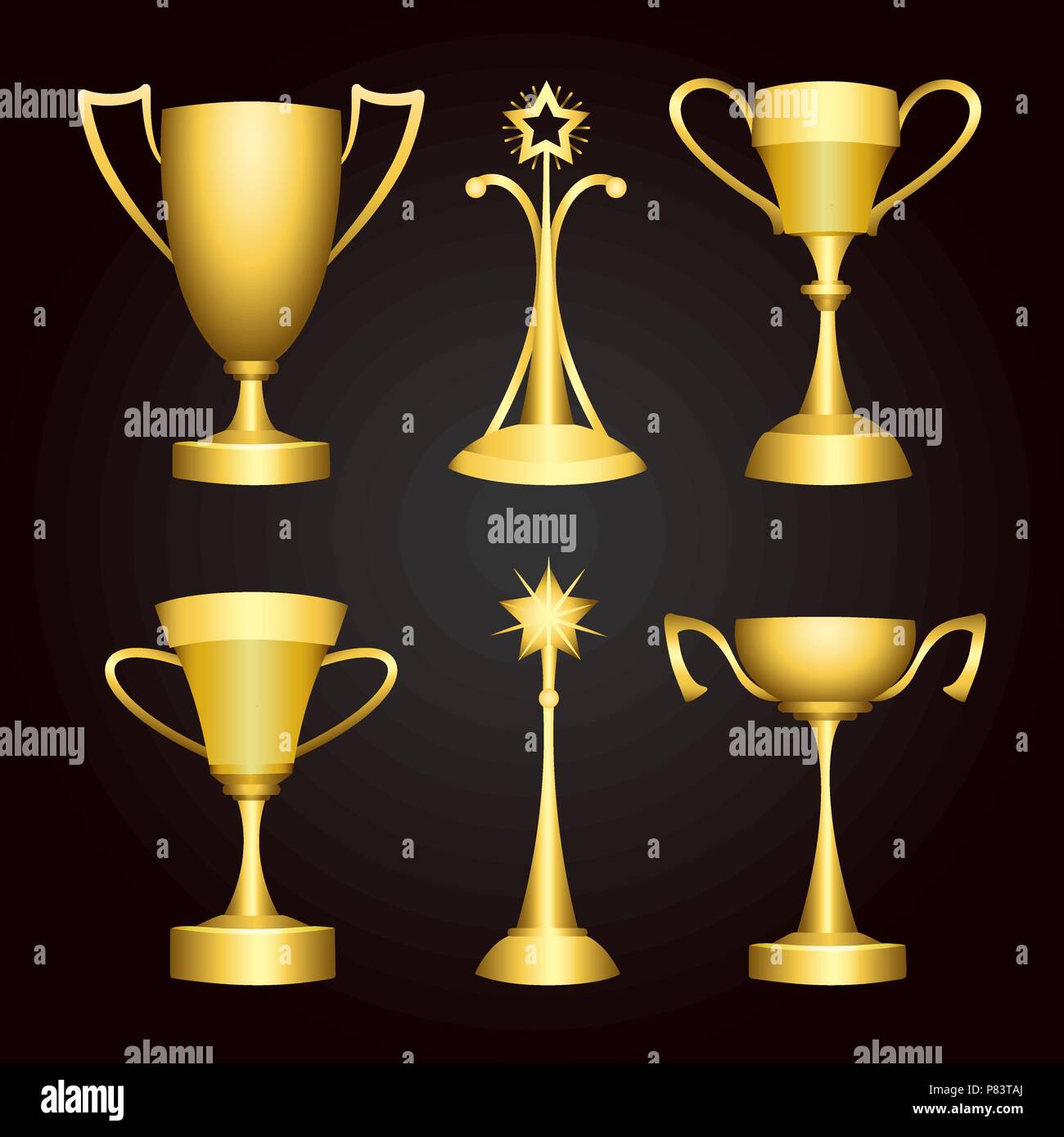 Sechs Goldene Sieger Trophy Cups, prize Sports Awards. Emblem Meisterschaft und Führung Sammlung. Vector Illustration Stock Vektor