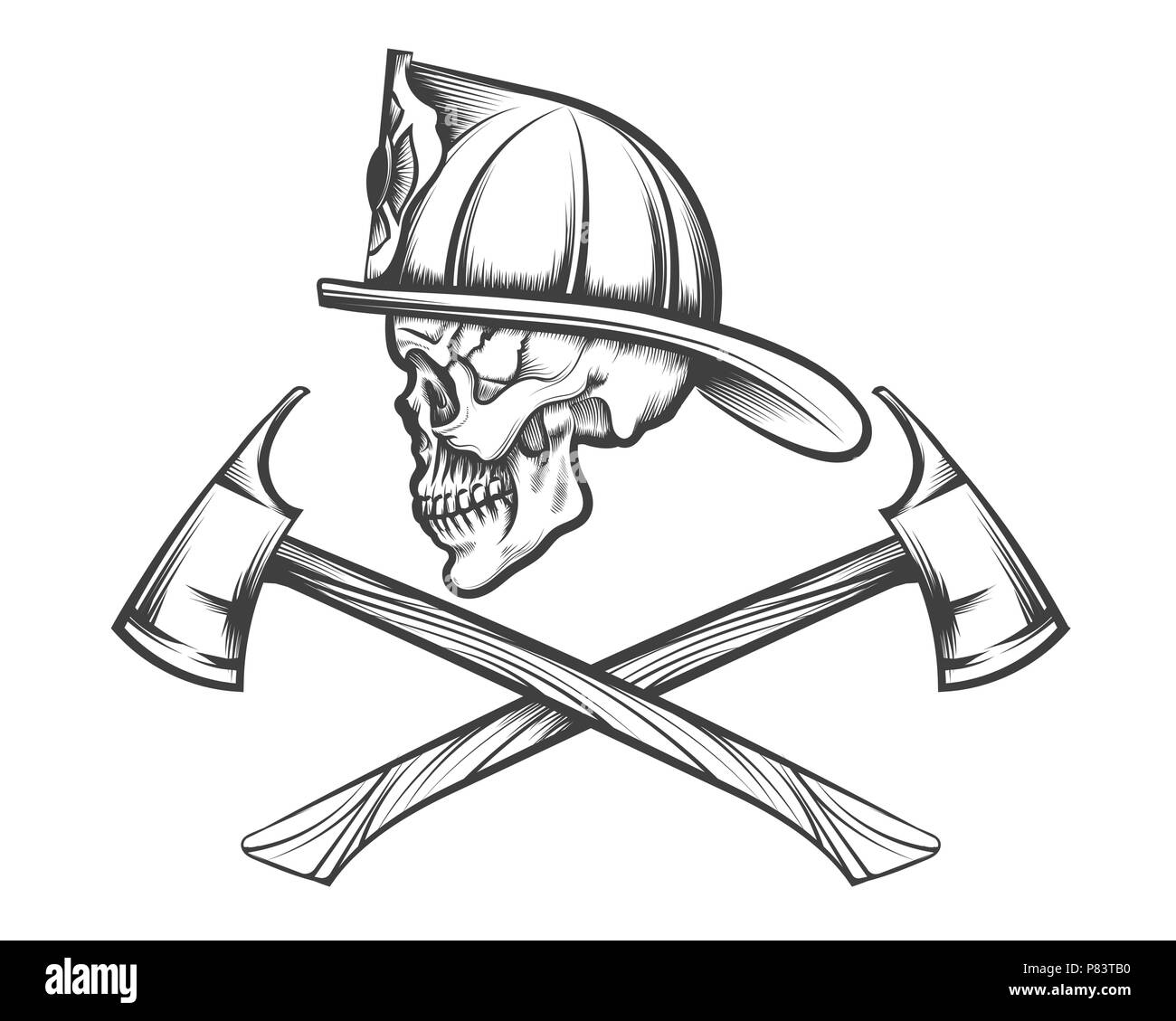 Feuerwehrmann Schädel in Helm und zwei gekreuzten Achsen in Tattoo Stil gezeichnet. Vector Illustration. Stock Vektor