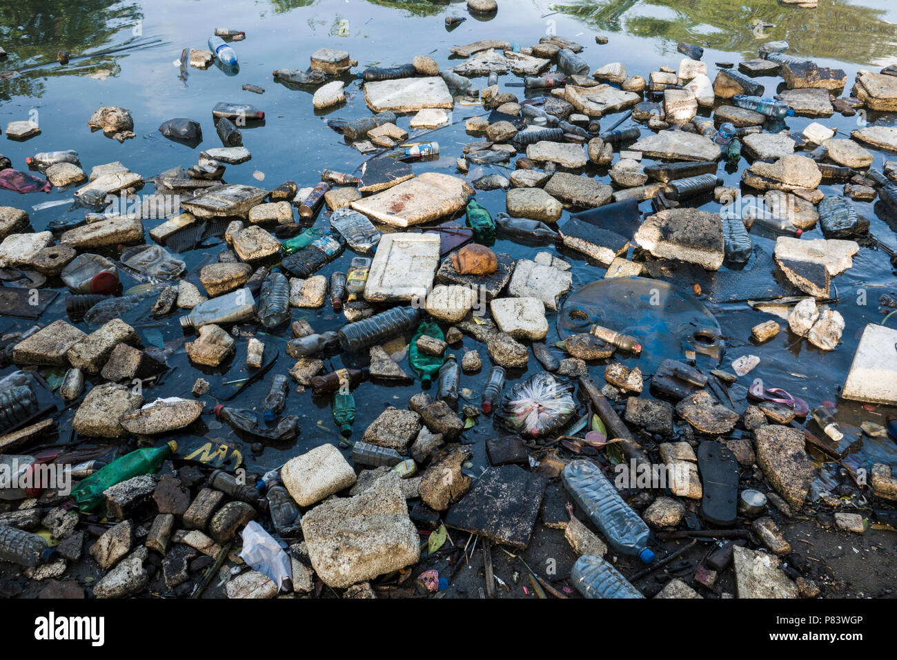 Kunststoff Flaschen, Styropor und andere Müll im Meer in Negombo, Sri Lanka Stockfoto