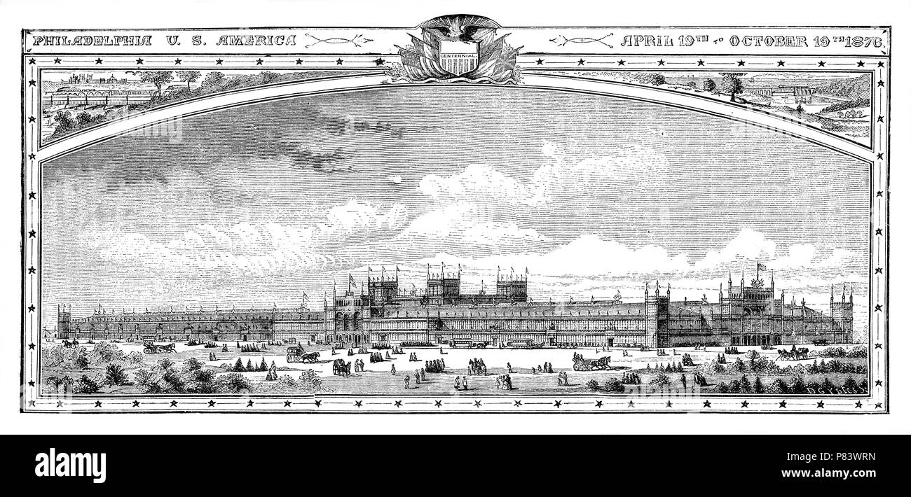 Vintage Print, Banner der Philadelphia World Fair 1876, das Centennial International Exhibition, erste Weltausstellung in den Usa, historische Exponate in der Memorial Hall von Fairmount Park Stockfoto