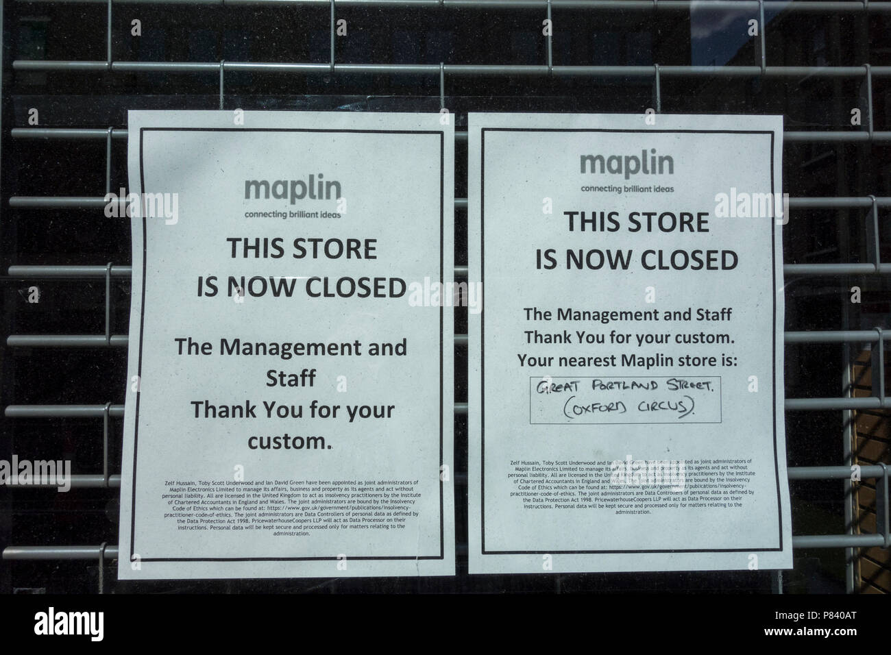 Eine geschlossene Maplin Store auf Tottenham Court Road, London, UK Stockfoto