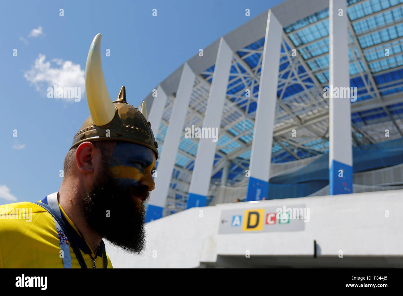 Nischnij Nowgorod, Russland - Juni 18: Schweden Förderer der FIFA WM 2018 Russland Gruppe F Match zwischen Schweden und die Republik Korea in Nizhny Novgorod Stadion am 18. Juni 2018 in Nischni Nowgorod, Russland. Stockfoto