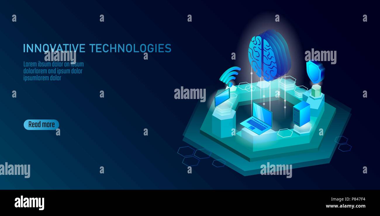 Isometrische künstliche Intelligenz Business Konzept. Blau leuchtende Isometrische persönliche Daten Verbindung pc Smartphone menschliche Gehirn Technik der Zukunft. 3D-infografik Vector Illustration Stock Vektor