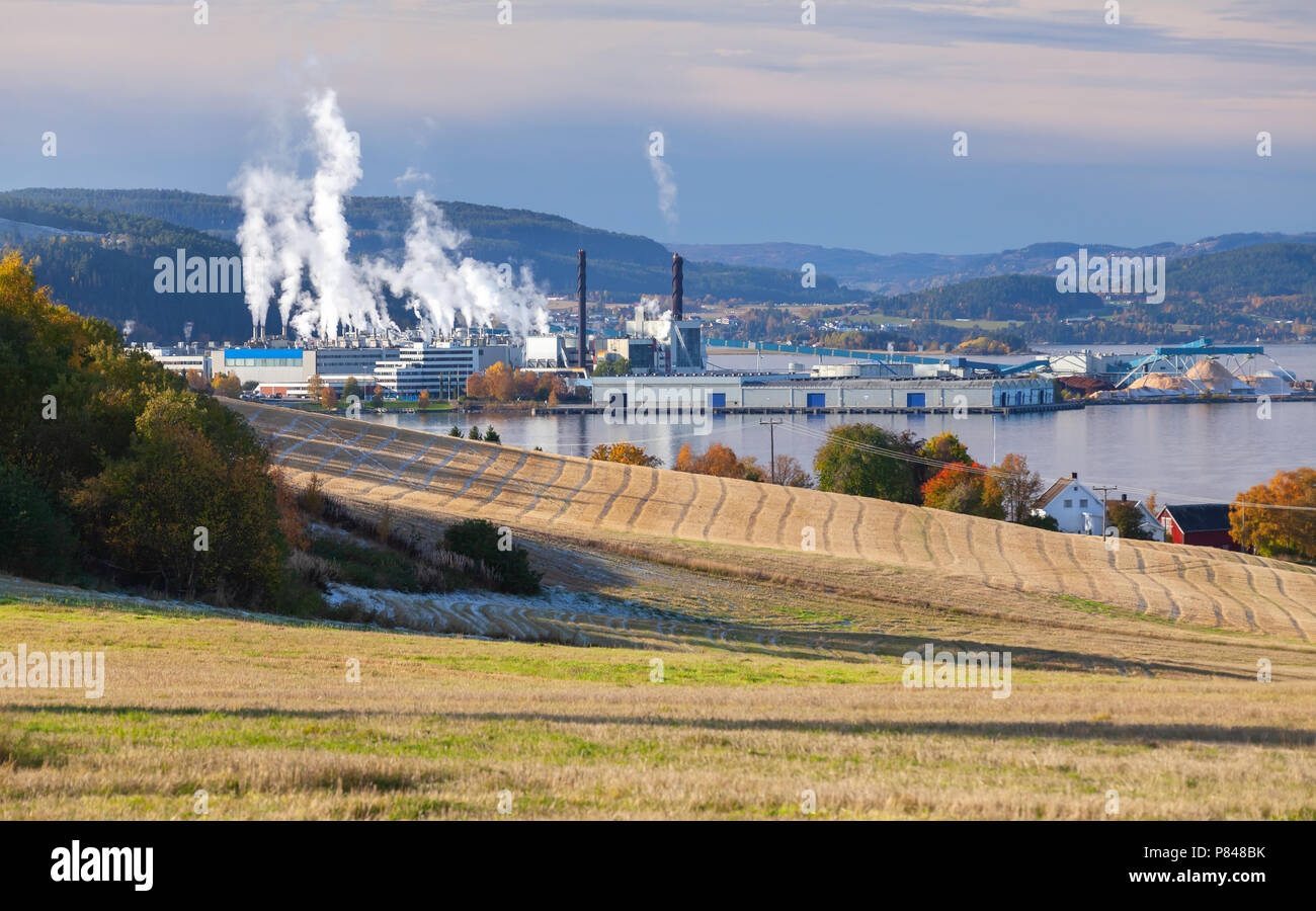 Norwegische Landschaft mit zellstofffabrik Fabrik in Skogn, Norwegen Stockfoto
