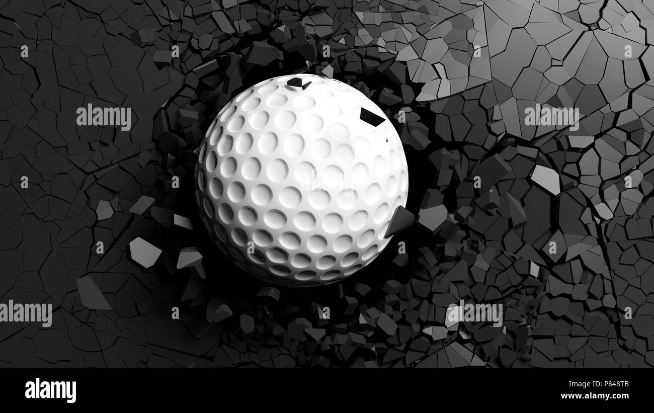 Sport Konzept. Golf Ball mit grosser Kraft durch eine schwarze Wand zu brechen. 3D-Darstellung. Stockfoto