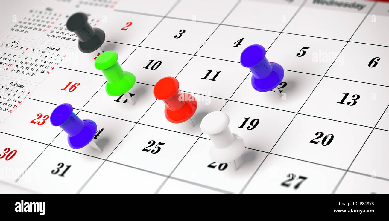 Planungskonzept. Bunte push Pins, auf einem Kalender Hintergrund. 3D-Darstellung. Stockfoto