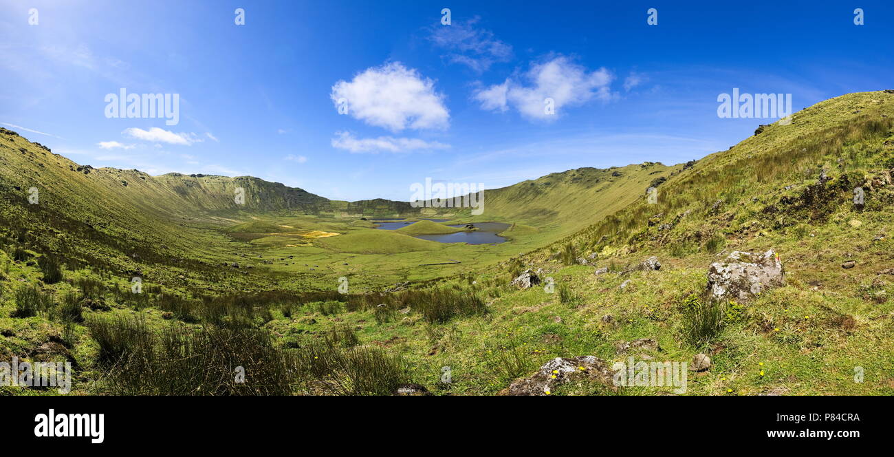 360° Panorama von vulkanischen Krater auf Corvo Island, Azoren, Portugal Stockfoto