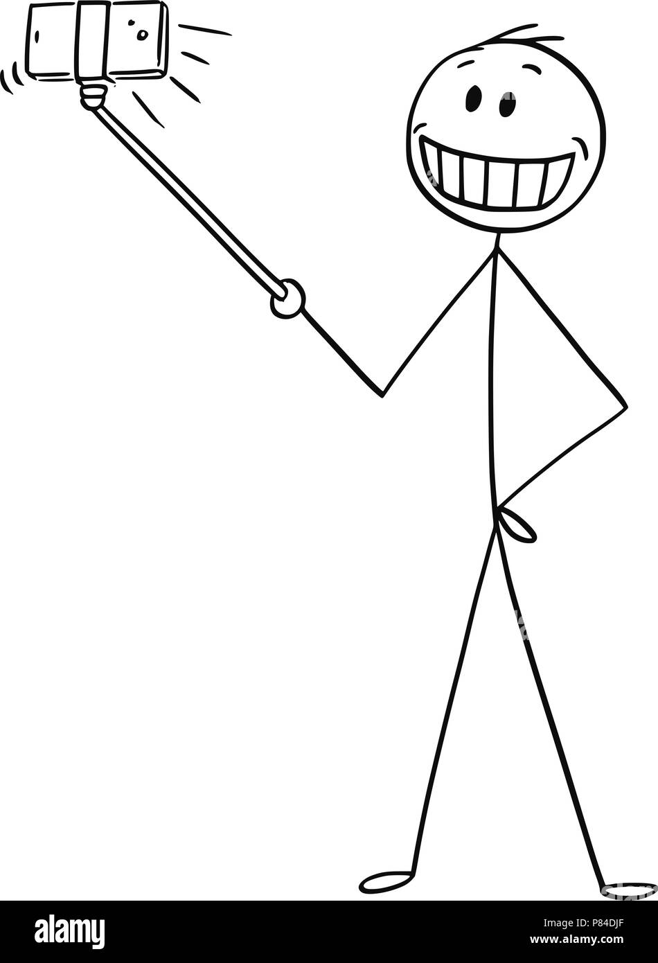 Cartoon des Menschen mit künstlichen Lächeln unter Selfie mit Stick Stock Vektor