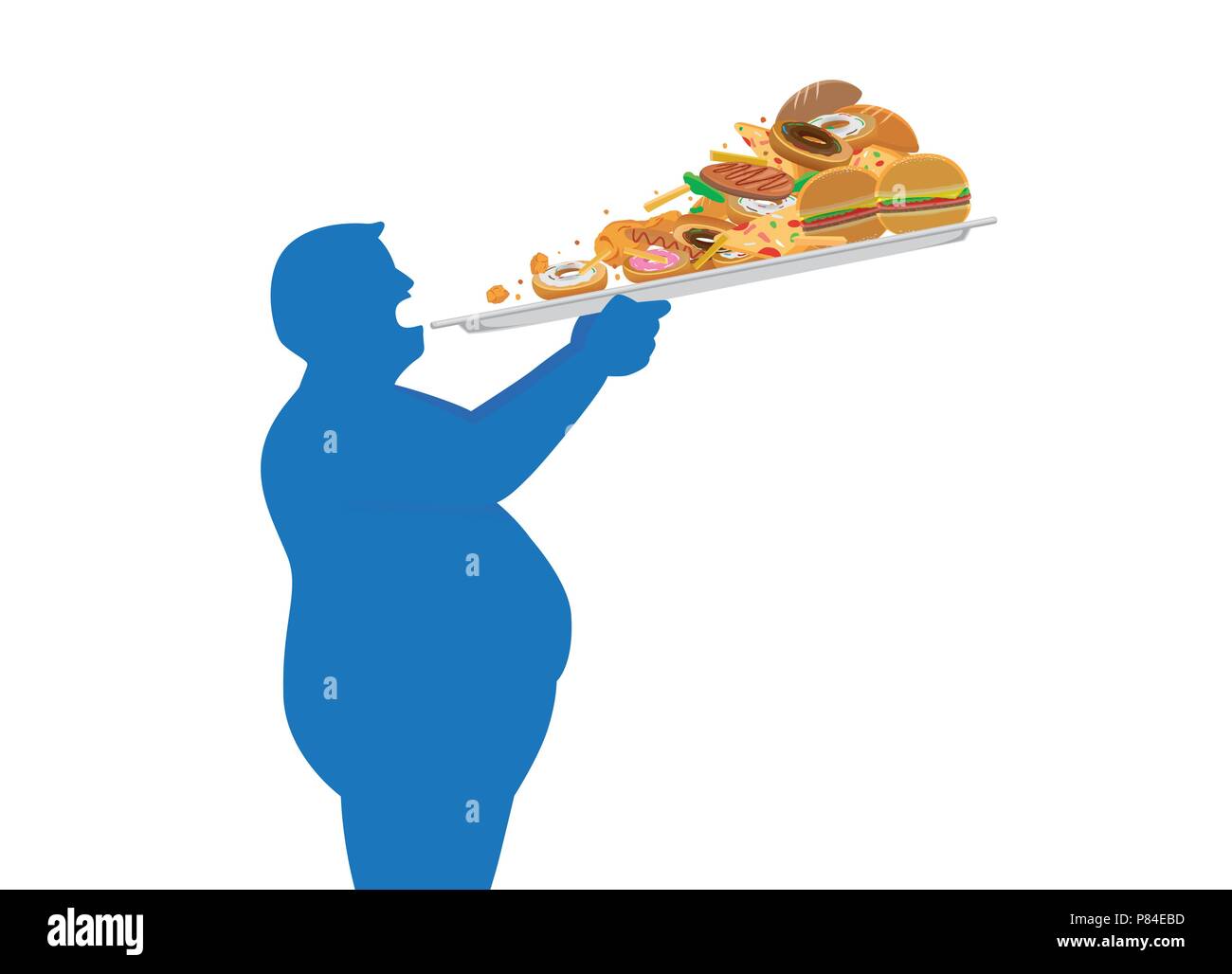Fat man versuchen eine Menge junk food in einer Zeit zu verschlingen mit Hebe ein Fach ein. Stock Vektor