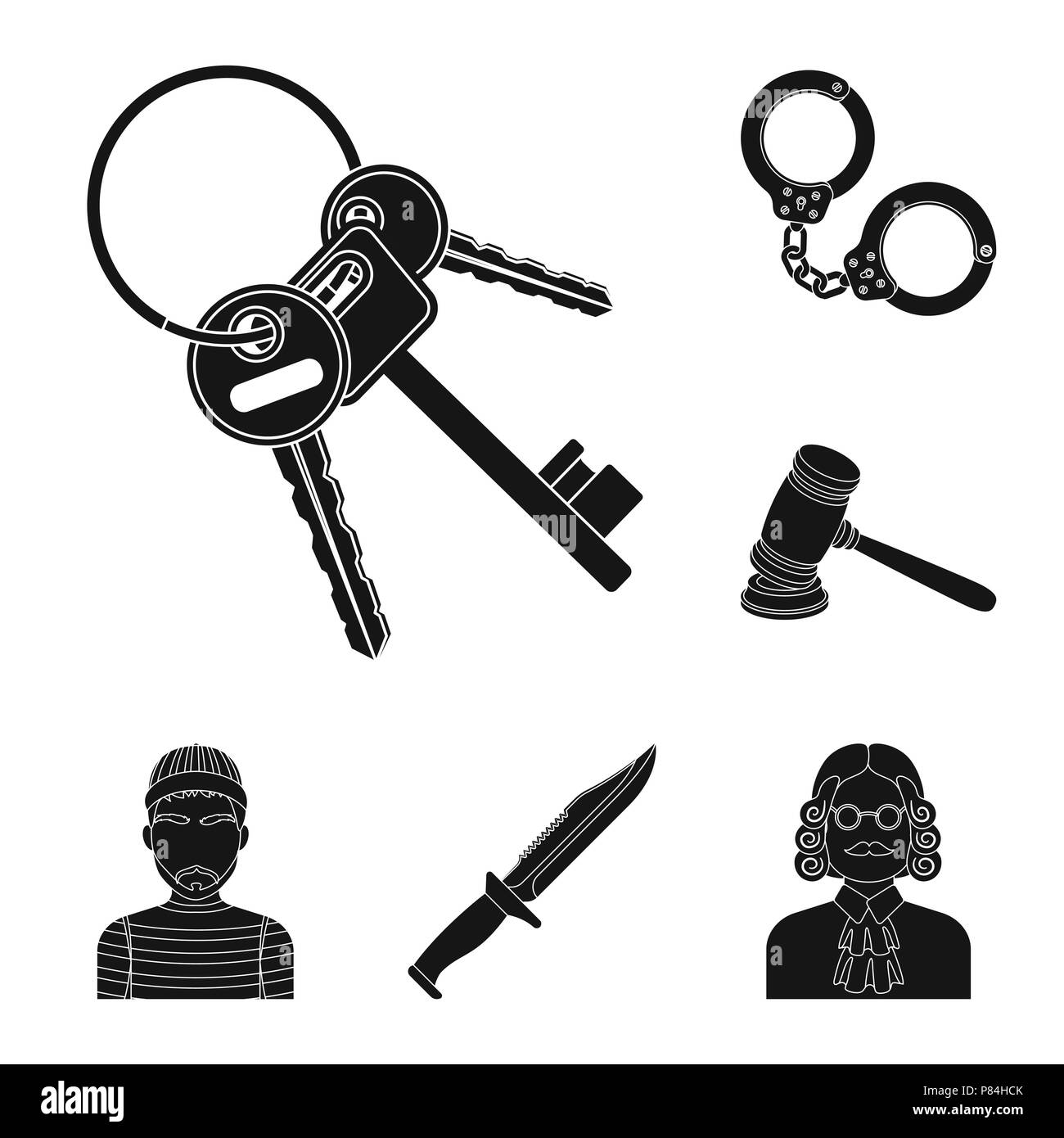 Gefängnis und die criminalblack Symbole im Set Sammlung für Design. Gefängnis und Attribute vektor Symbol lieferbar Abbildung. Stock Vektor