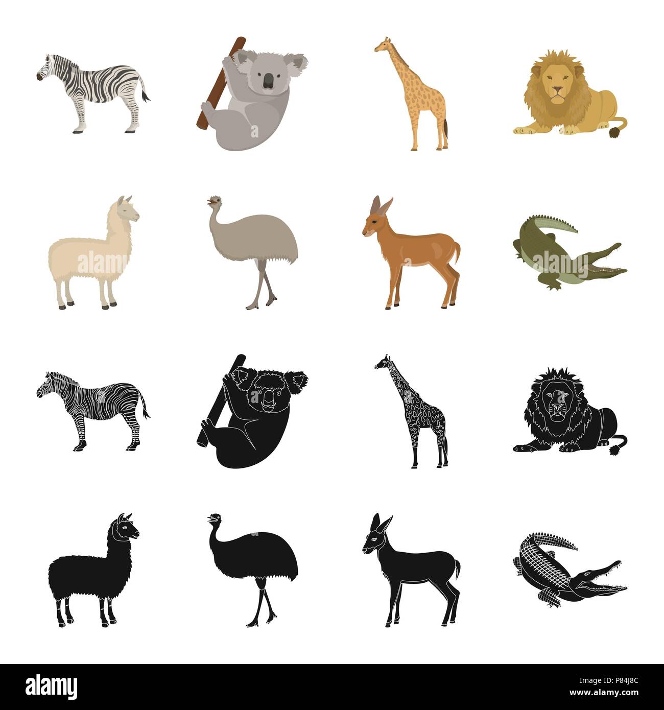 Lama, Strauß emu, jungen Antilope, Krokodil. Wildes Tier, Vogel, Reptil set Sammlung Icons in Schwarz, Cartoon Stil vektor Symbol lieferbar illust Stock Vektor