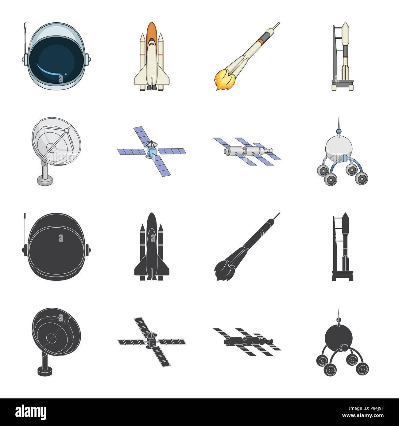 Radio Radar, Docking im Raum Raumfahrzeuge, lunokhod. Space Technology set Sammlung Icons in Schwarz, Cartoon Stil vektor Symbol lieferbar Abbildung. Stock Vektor
