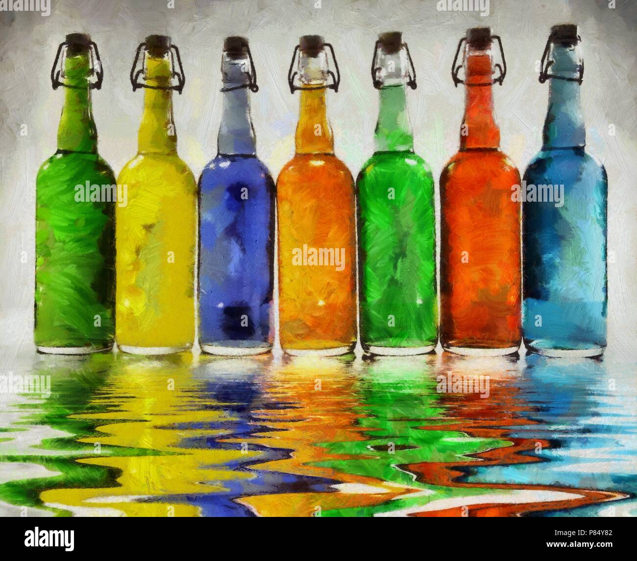 Moderne Kunst Bunte Flaschen spiegelt sich im Wasser Stockfotografie