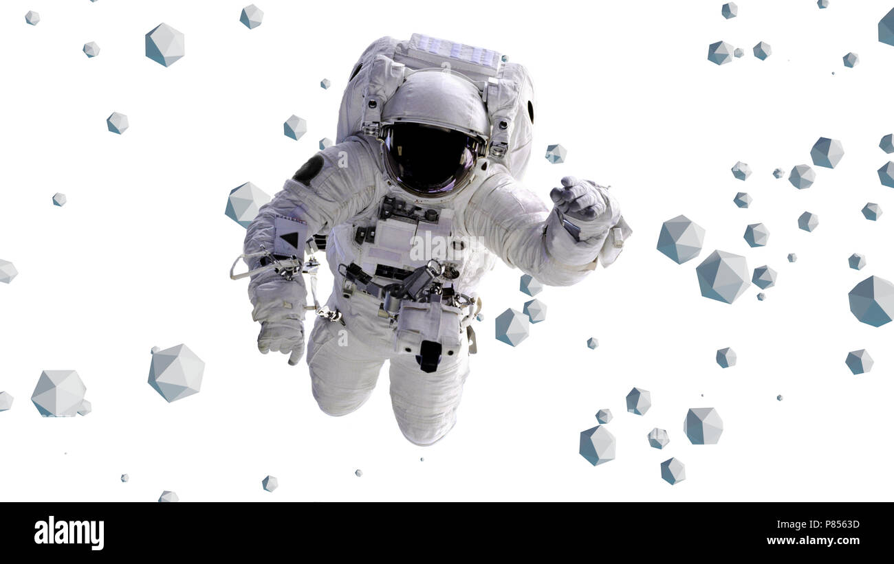 Astronauten fliegen zwischen geometrischen Objekten Stockfoto