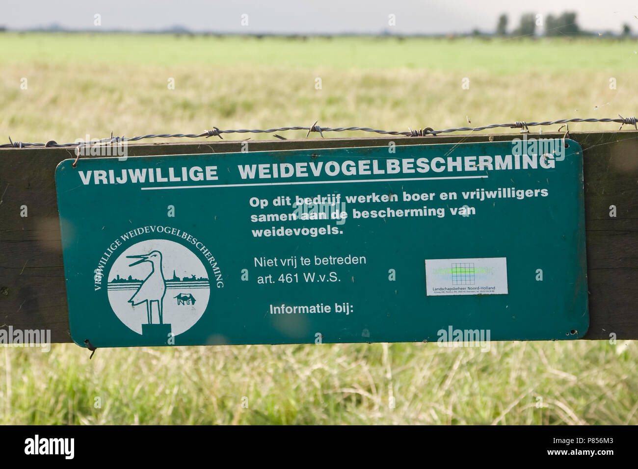 Bordje bij weidevogelreservaat, Zeichen an der Wiese finden Stockfoto