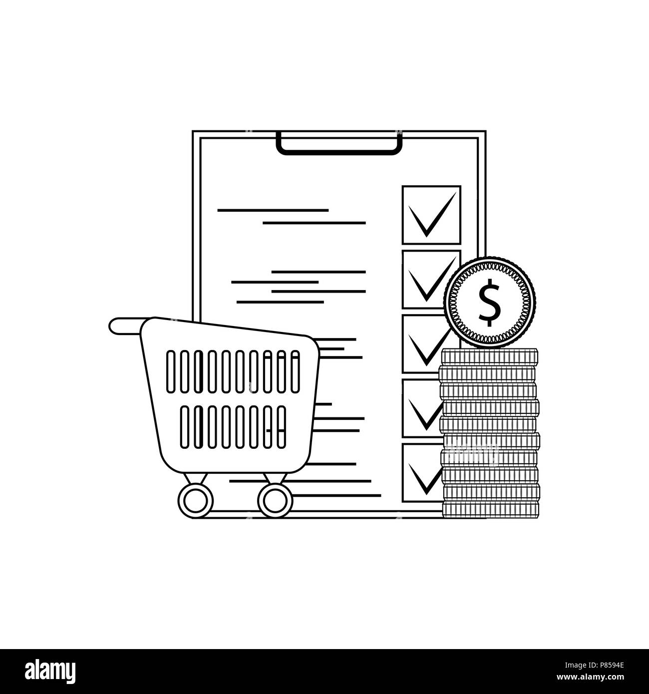 Planung kaufen Supermarkt. Shop Warenkorb und Checkliste. Vector Illustration Stock Vektor