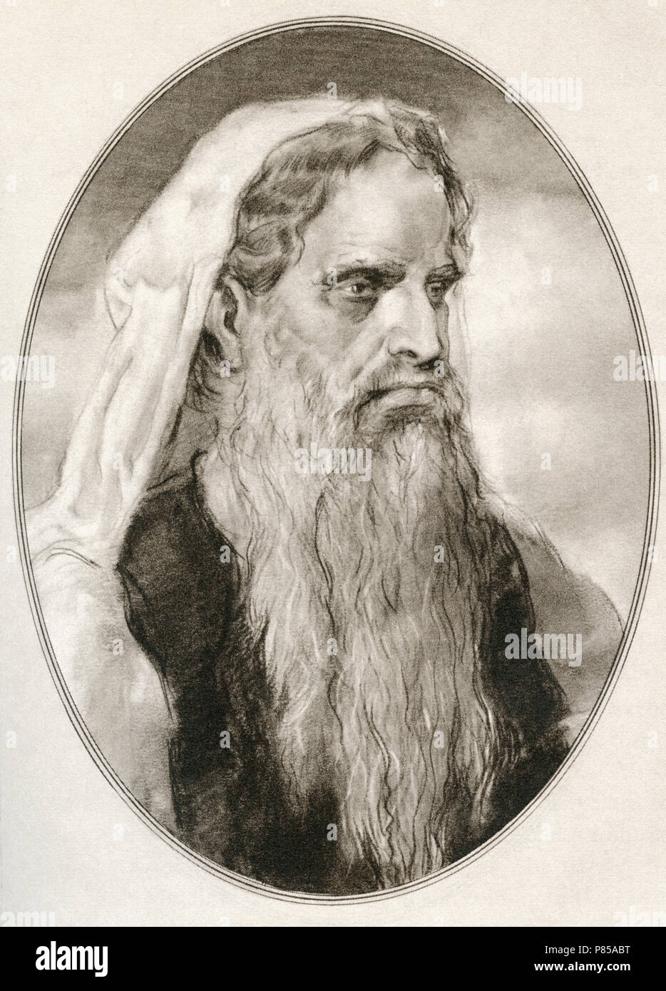 Mose, ein Prophet in der abrahamitischen Religionen, der Anführer der Israeliten und Gesetzgeber. Abbildung von Gordon Ross, US-amerikanischer Künstler und Illustrator (1873-1946), von lebenden Biographien von religiösen Führern. Stockfoto