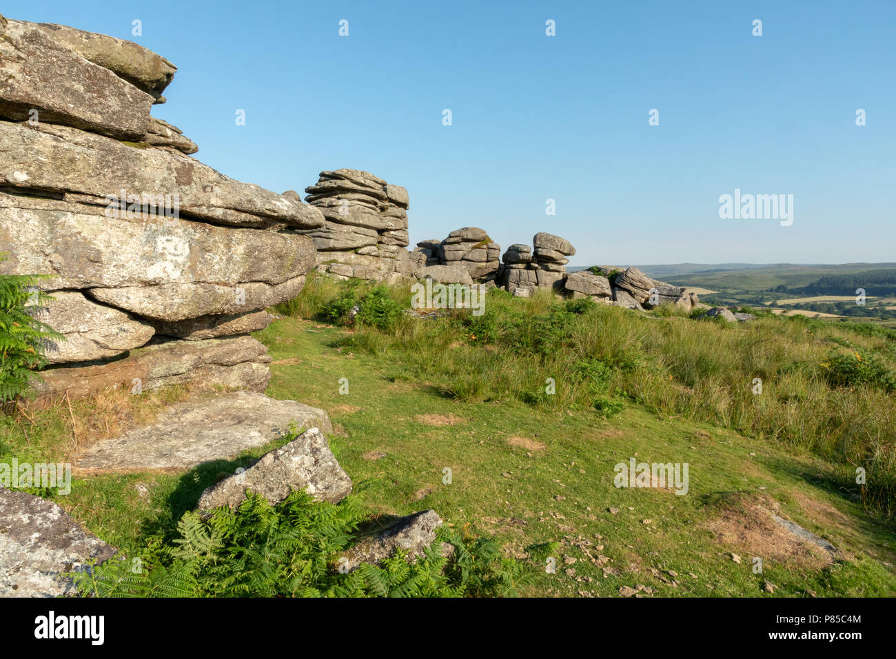 Combestone Tor Dartmoor Devon England 06.Juli20818 Eine der Dartmoor ist unverwechselbar, felsigen Tors Stockfoto