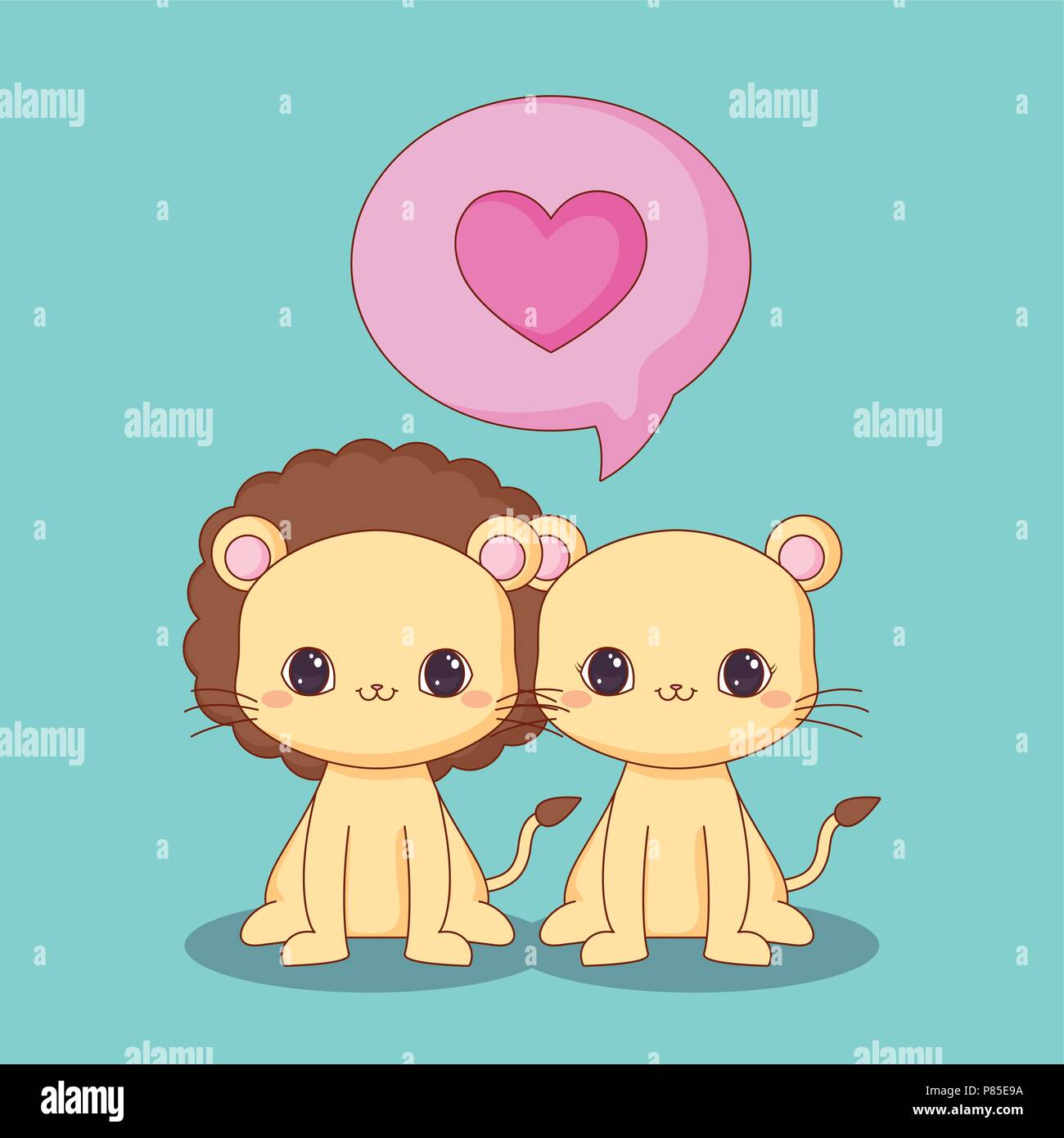 Kawaii Löwe, Löwin in Liebe über den blauen Hintergrund, farbenfrohen Design. Vector Illustration Stock Vektor