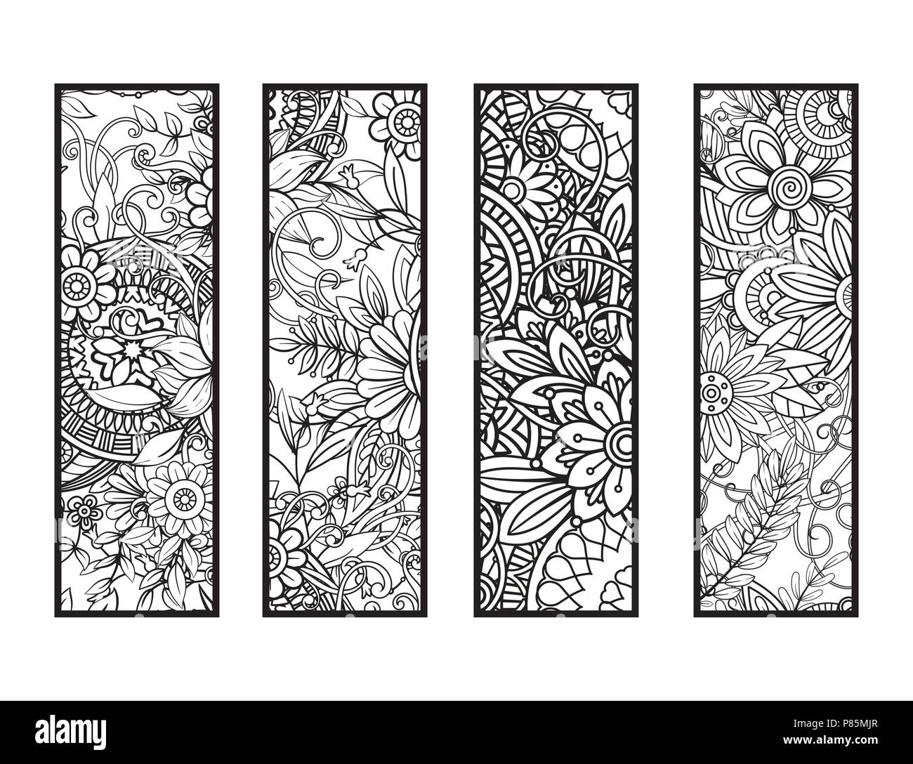 Satz von vier Lesezeichen in Schwarz und Weiß. Doodles Blumen und Ornamente für Erwachsene Malbuch. Vector Illustration. Stock Vektor