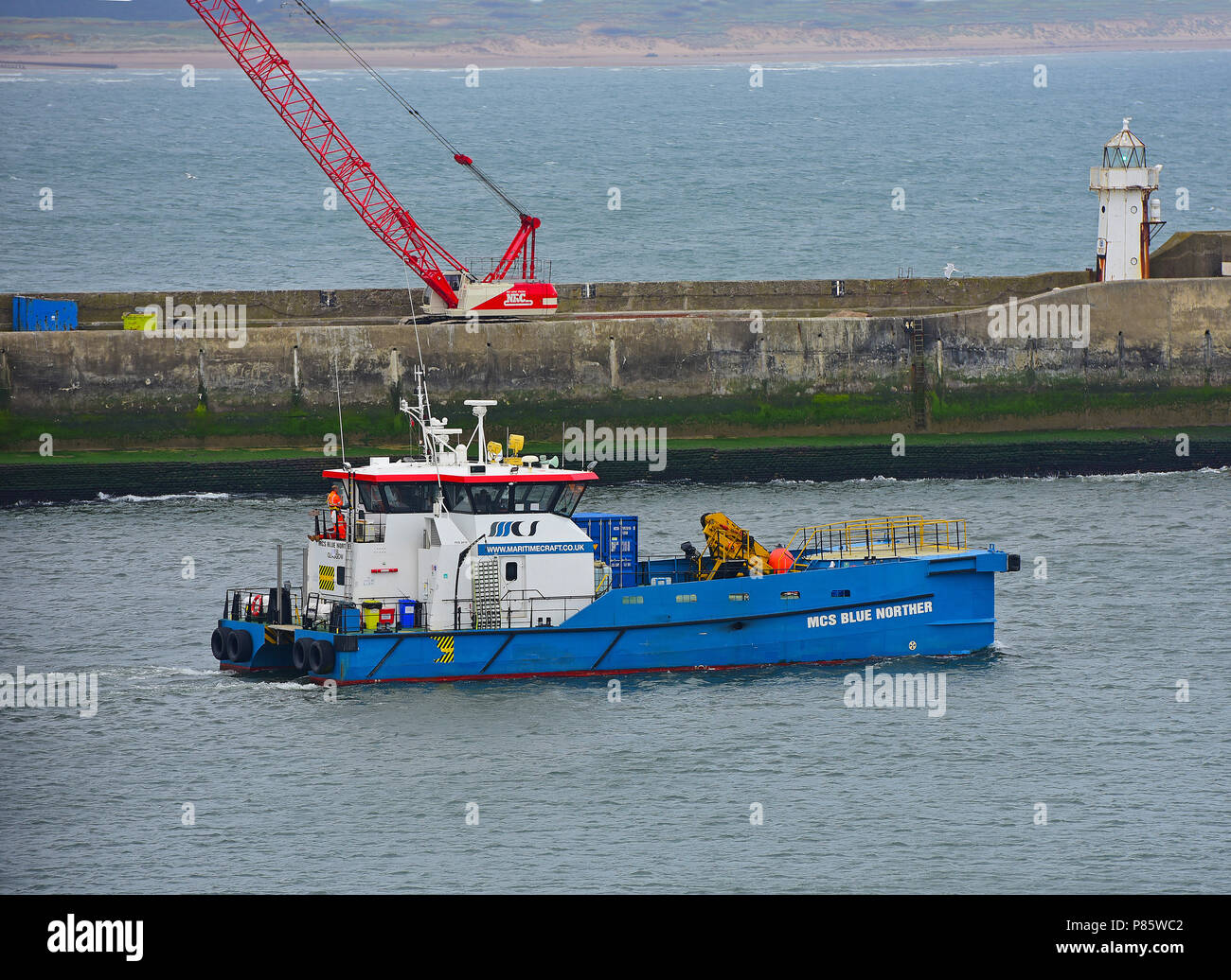 Die MCS Blue Norther Köpfe aus Aberdeen Hafen auf eine Aufgabe in der Nordsee. Stockfoto