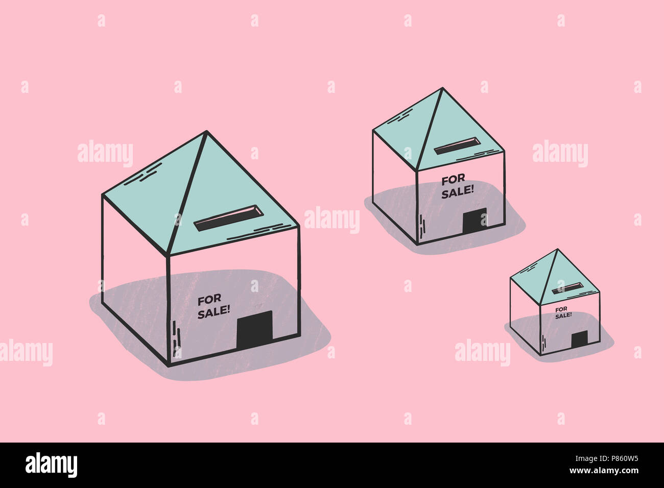Häuser zum Verkauf. Minimalistische konzeptionelle Darstellung über die Immobilien, Unternehmen und Investitionen. Zeigen Häuser für Verkauf. Rosa und Blaue Farben für Tinte. Stockfoto