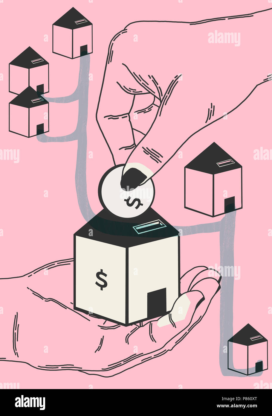 Finanzielle Investition des Kunden für den Kauf eines Hauses. Minimalistische Prinzipdarstellung. Zeigen eine Hand Geld investieren in ein Haus Objekt. Stockfoto