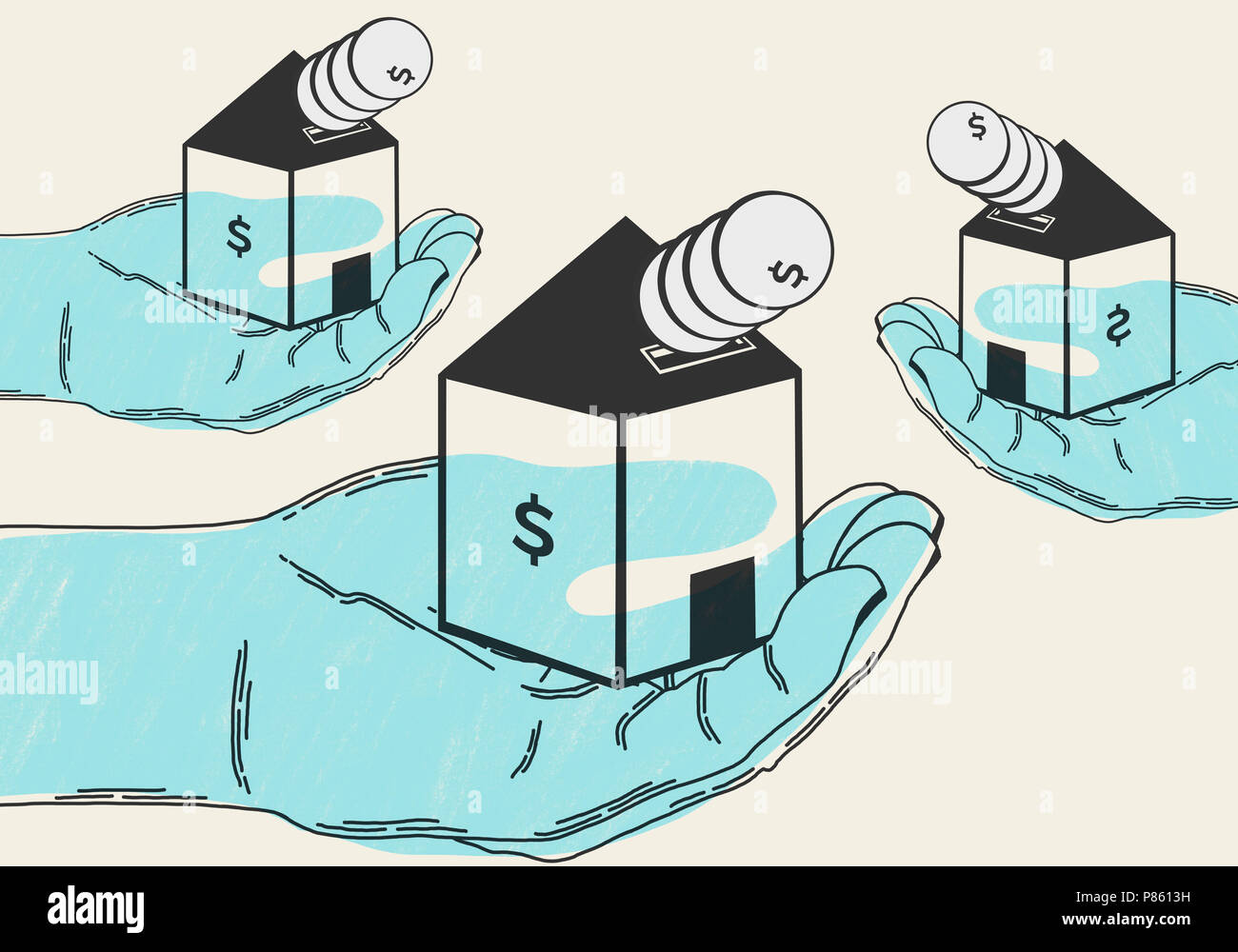 Geld investieren in das Gehäuse kaufen. Konzeptuelle und minimalistische Darstellung. Abstrakte wirtschaft Konzept. Zeigt Hände halten Häuser für Verkauf. Stockfoto