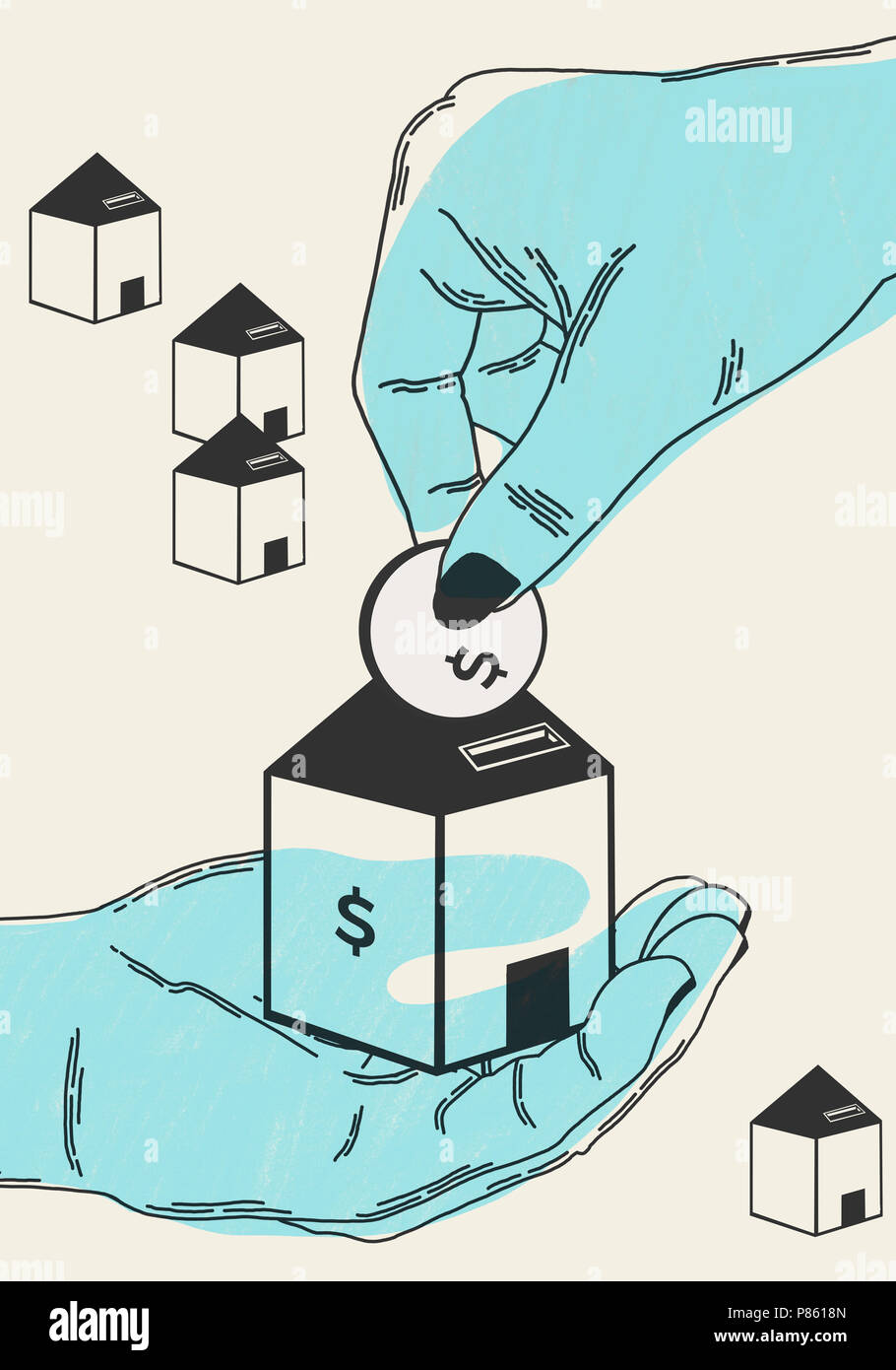 Sichere Geldanlage in Haus Kauf. Minimalistische Prinzipdarstellung. Zeigen Sie eine Hand, indem Sie eine Münze in eine Investition Haus. Sicher wert Stockfoto