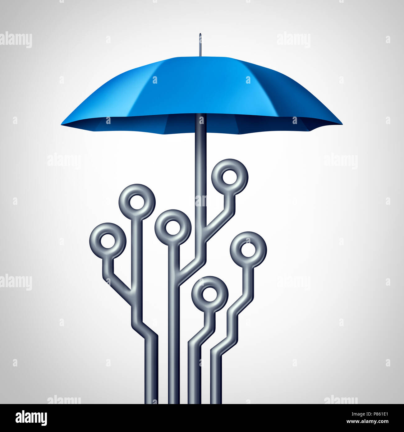 Software Schutz und Antivirus Technologie Sicherheit Schild Symbol wie ein Regenschirm als Computing Schaltung als 3D-Render geprägt. Stockfoto