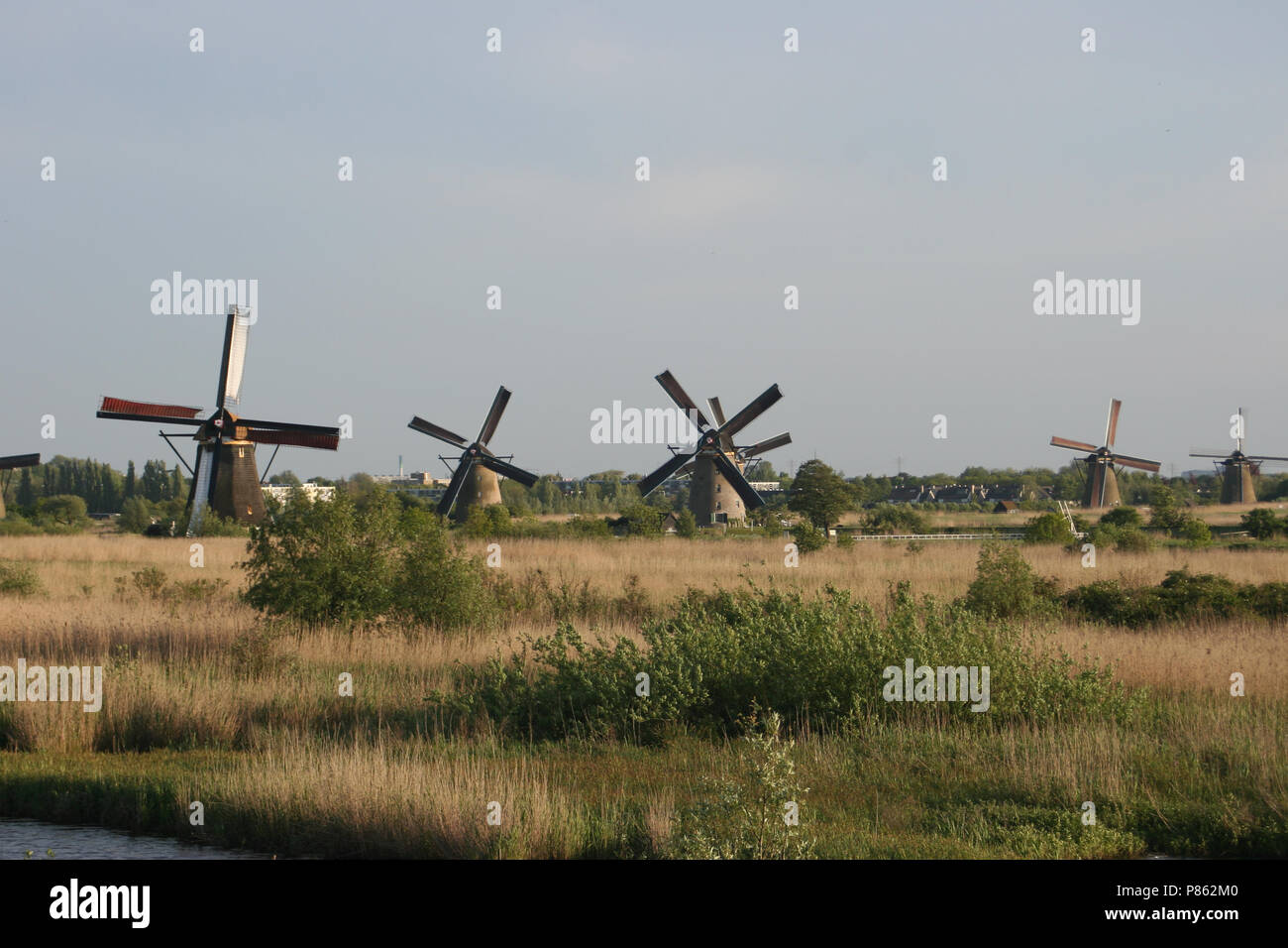 De molens Kinderdijkse, die Windmühlen von Kinderdijk Stockfoto