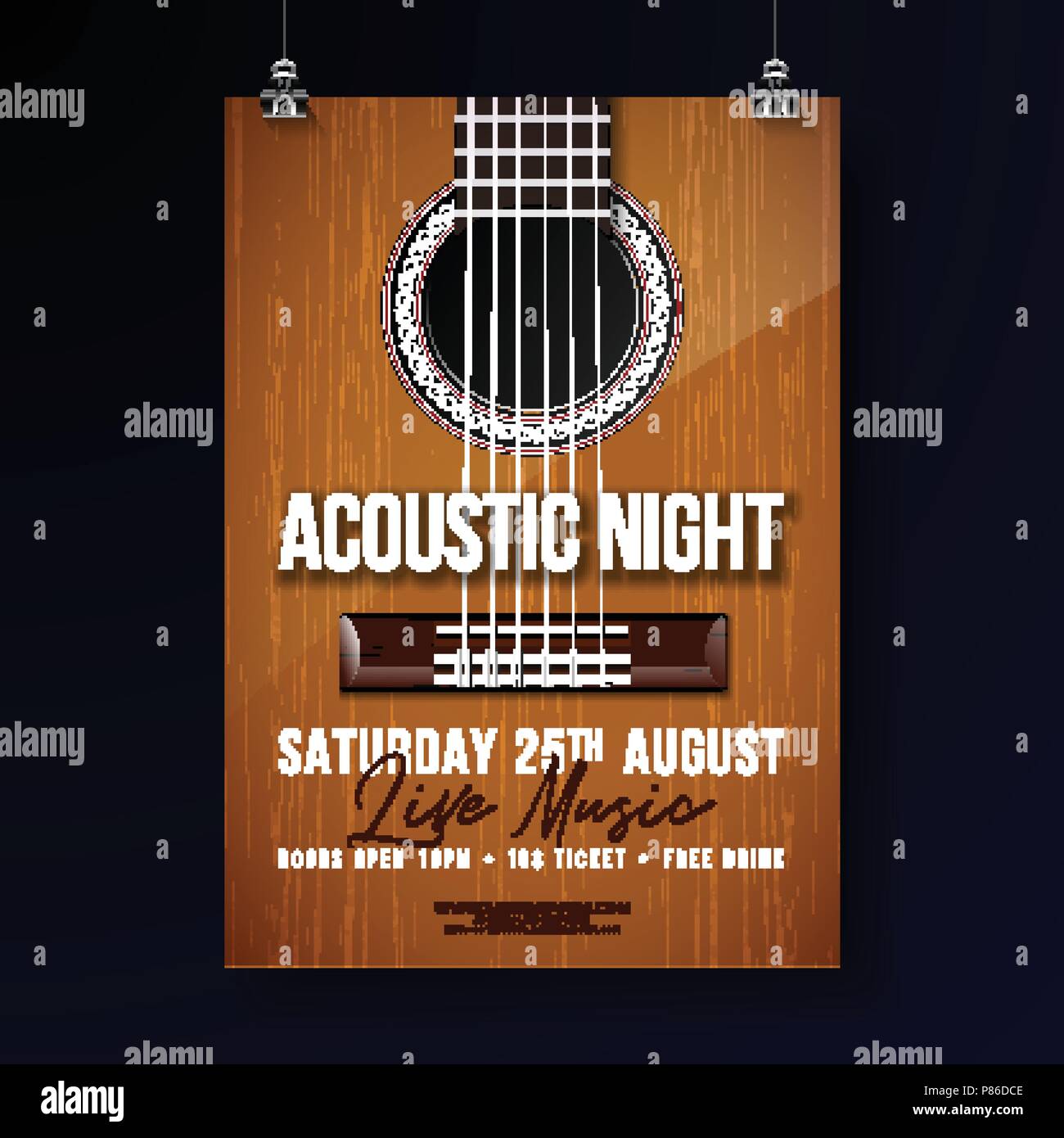 Acoustic Night Party Flyer Design mit String und Schriftzug auf der Gitarre Hintergrund. Vektor Live Musik Abbildung: Vorlage für die Einladung, Plakat, Werbemittel, Banner, Broschüren, oder Grußkarte. Stock Vektor