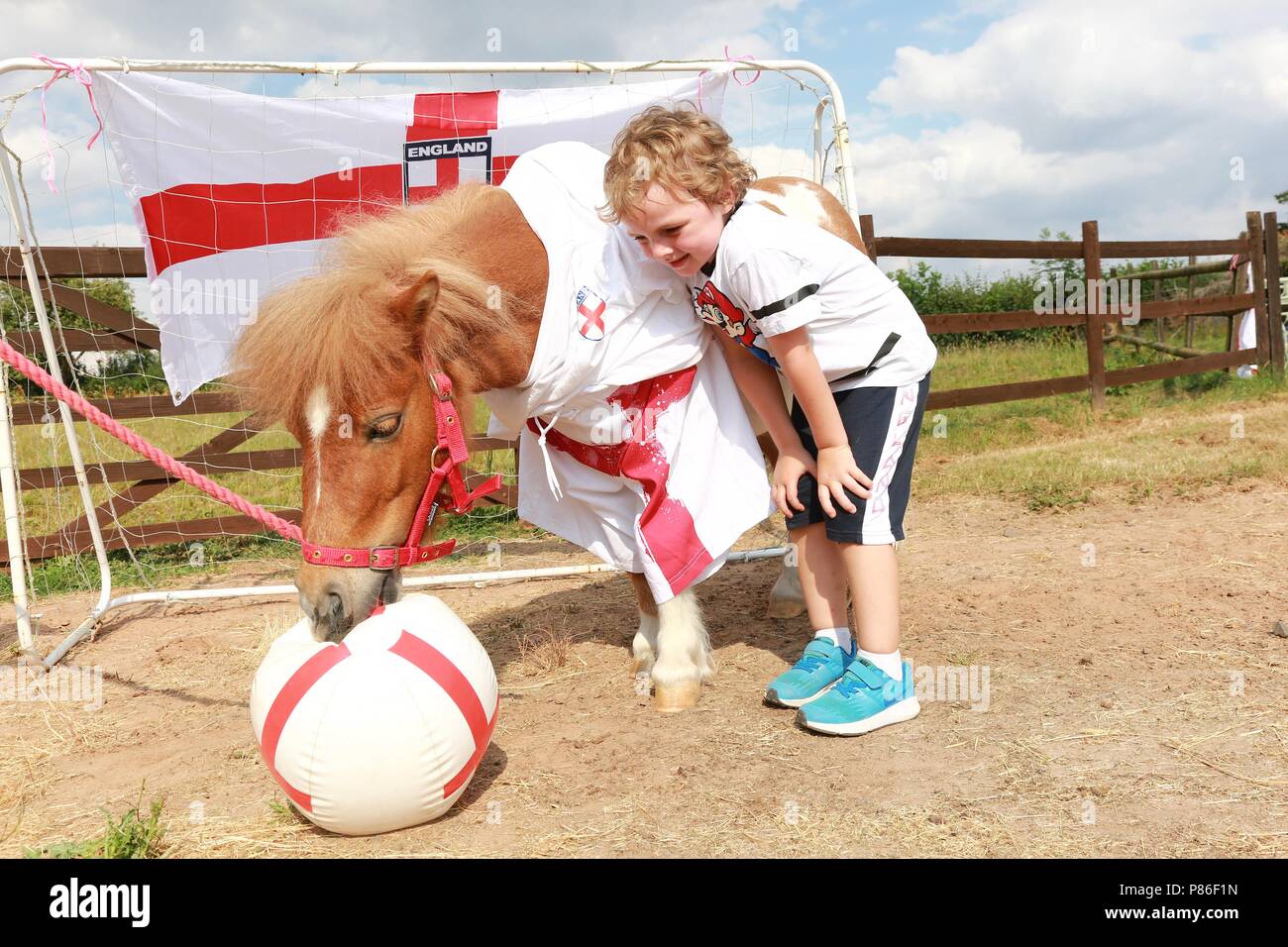 5 Jahre alten Jungen und seine Shetland pony in England Fußball-Kit gekleidet, Großbritannien Stockfoto