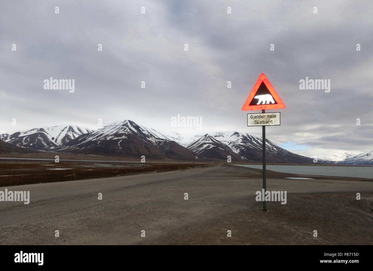 Verkeersbord, Longyearbyen, Spitzbergen, Verkehrsschild, Longyearbyen, Svalbard Stockfoto