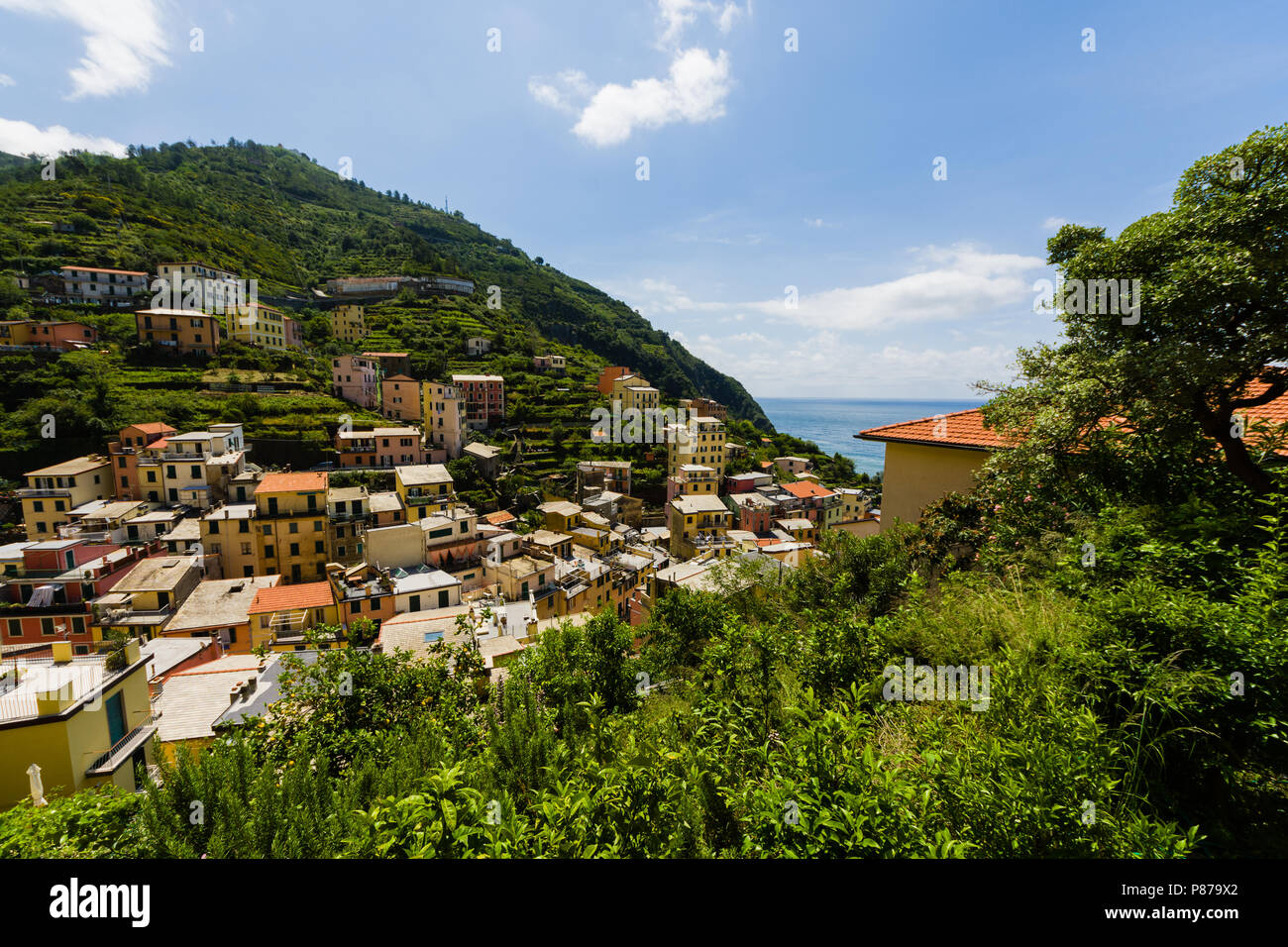 Riomaggioref ist ein Ort und eine Gemeinde in der Provinz La Spezia, in einem kleinen Tal in der Region Ligurien in Italien gelegen. Stockfoto