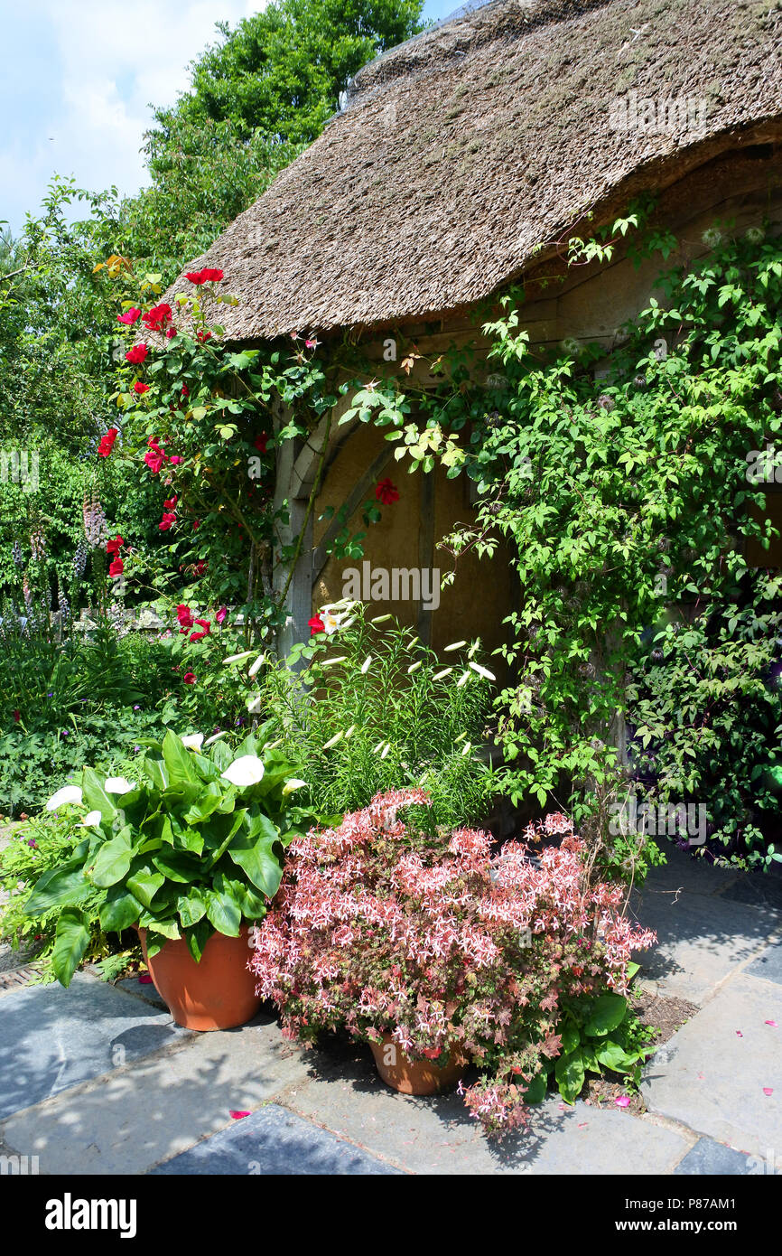 Die malerische reetgedeckte Sommerhaus an der RHS Rosemoor Gärten, Torrington, Devon, Großbritannien - Johannes Gollop Stockfoto