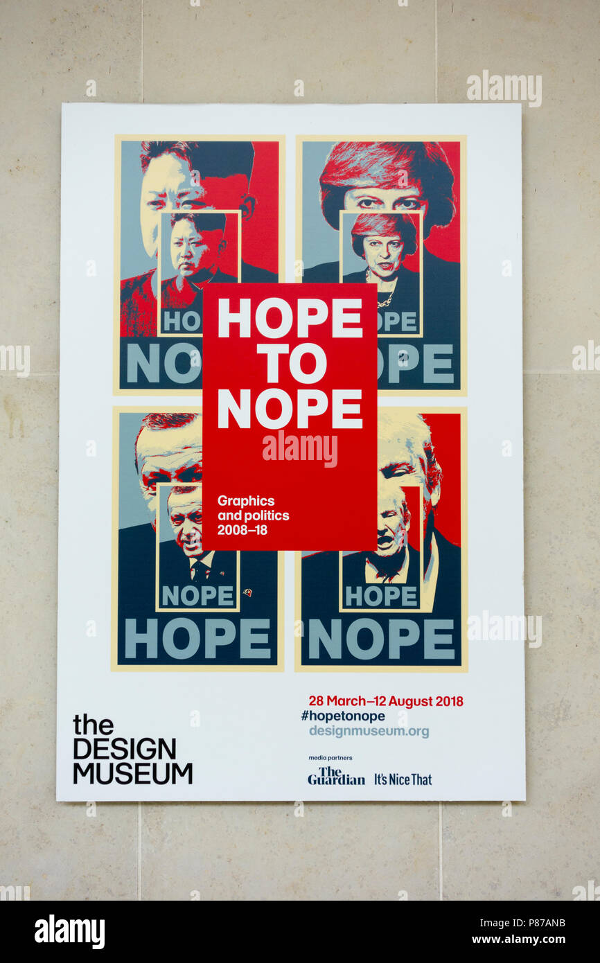 Hoffe, Nope Plakat zur Ausstellung außerhalb des Design Museum in London, Großbritannien Stockfoto