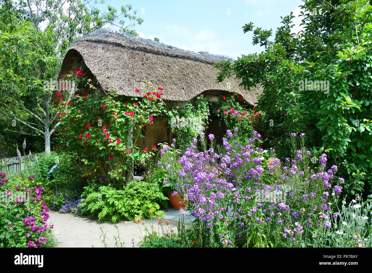 Die malerische reetgedeckte Sommerhaus an der RHS Rosemoor Gärten, Torrington, Devon, Großbritannien - Johannes Gollop Stockfoto