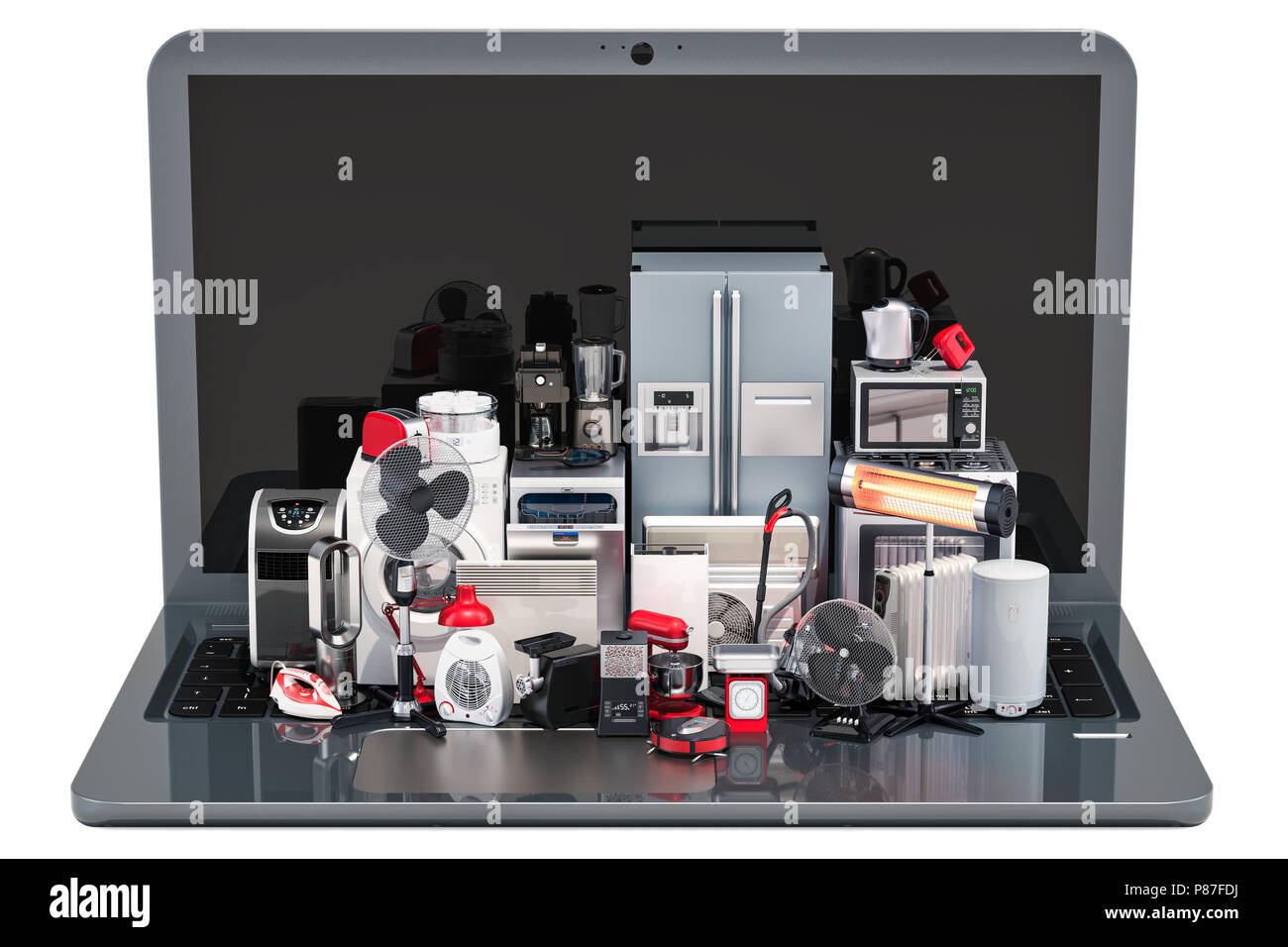 Online Shopping Konzept. Laptop mit Küche und Haushaltsgeräte, 3D-Rendering Stockfoto