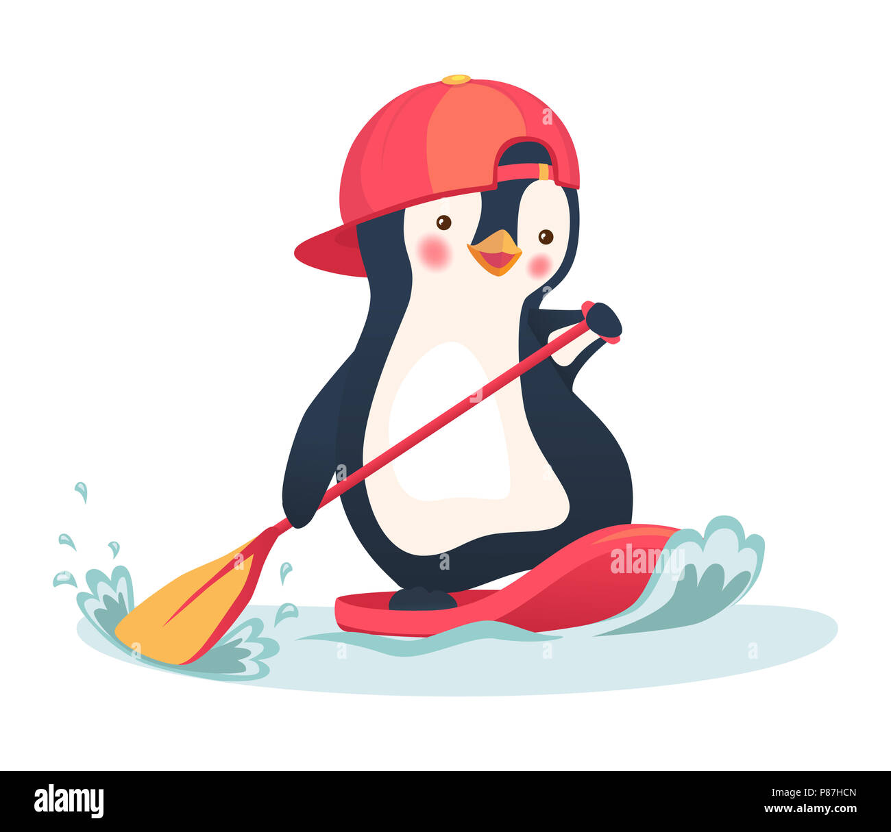 Pinguin schwimmen auf SUP Board. Paddle Board. Pinguin Abbildung Stockfoto