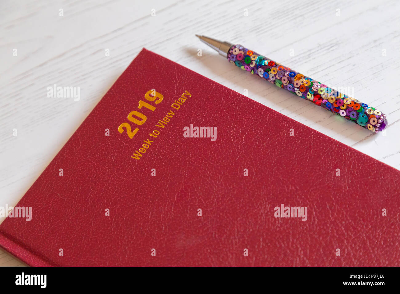 Ein 2019 Schreibtisch Tagebuch mit einem Stift. Stockfoto