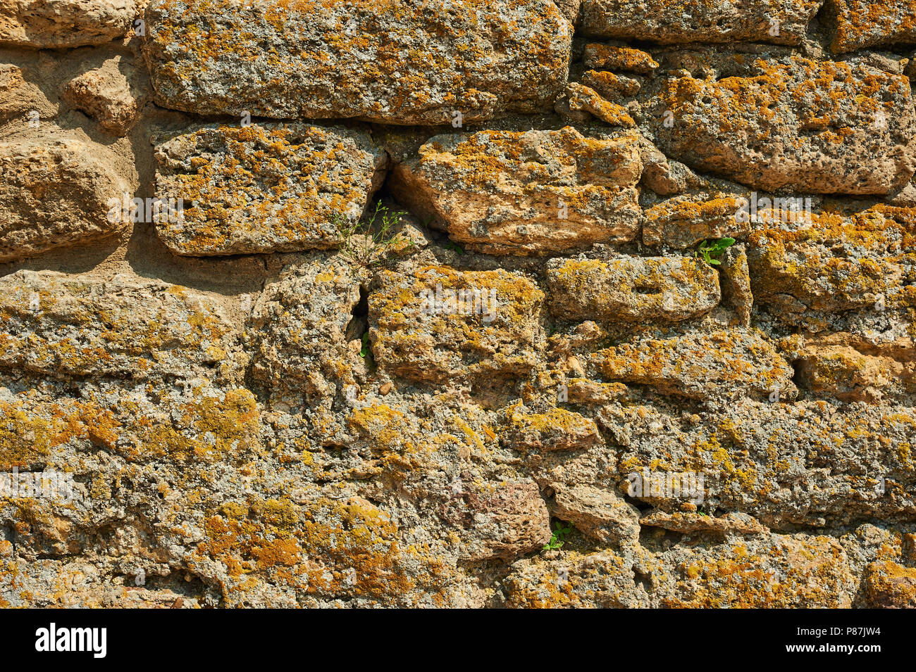 Alte Steinmauer. Gelbe grunge Textur der alten Ziegel. Stockfoto