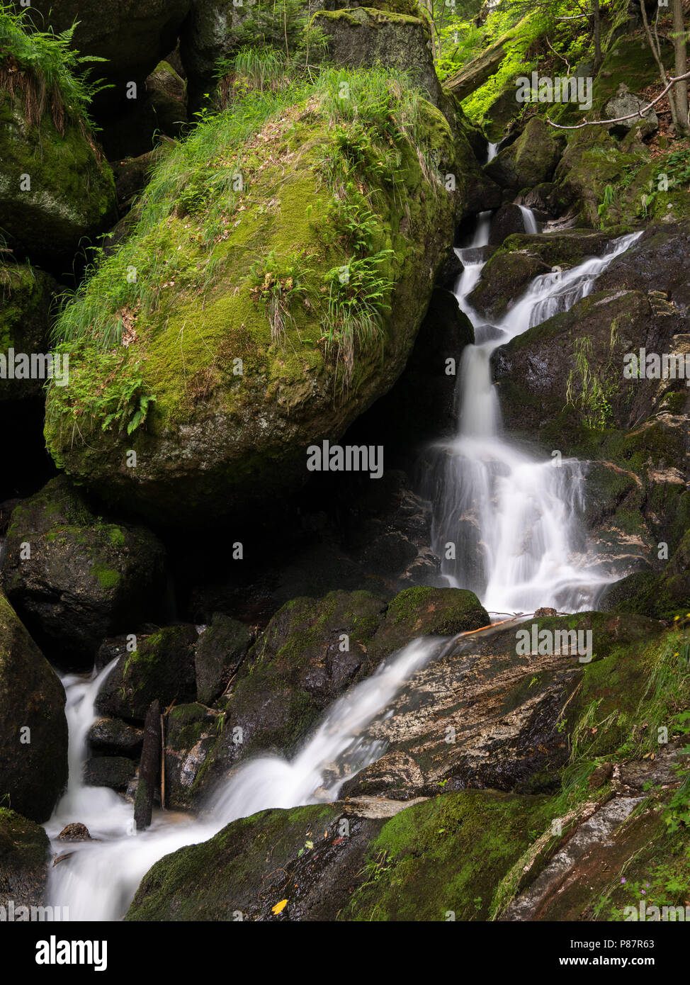 Wasserfall Kaskade zwischen großen Felsen in der Schlucht Ysperklamm (Waldviertel, Österreich
