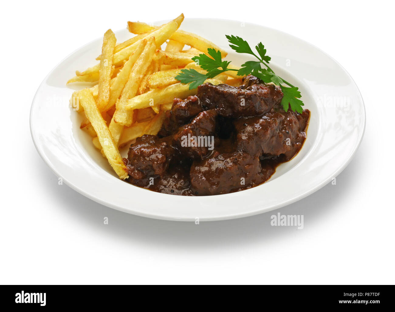 Carbonade flamande mit Pommes frites, flämischen Rindereintopf, belgische Küche Stockfoto