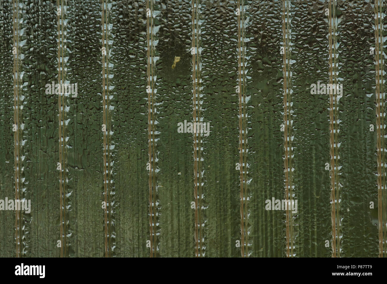 Schöne Textur beschlagene Glas, in Abschnitte unterteilt und Wassertropfen. Vertikale Linien aufteilen Hintergrund in Teile. Unter den rosa Streifen Stockfoto