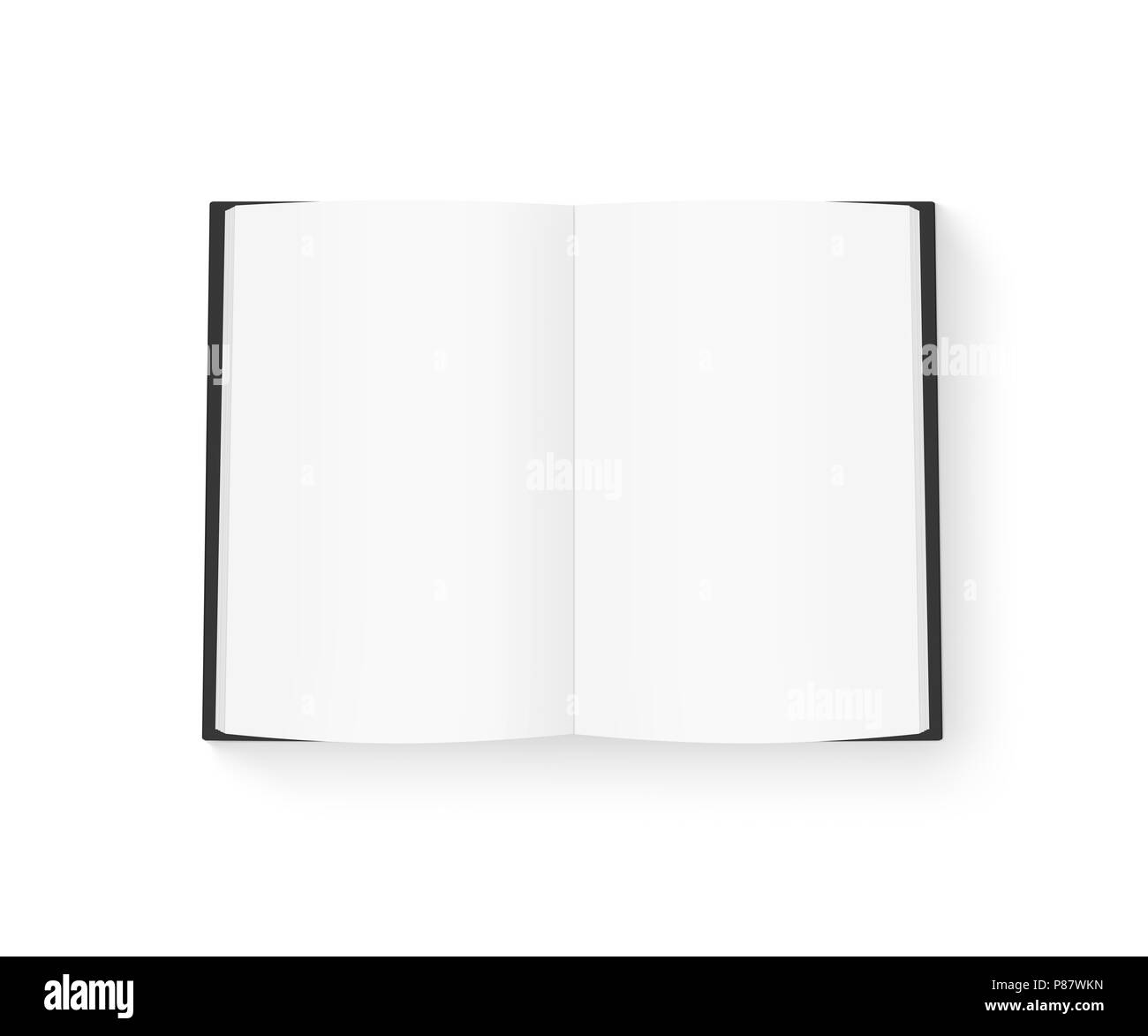 Öffnen leeres Buch mock up isoliert auf Weiss. Schwarze Abdeckung Tagebuch mockup auf Tisch Präsentation. Katalog guide Template Layout. Redakteur text Make-up. Magazi Stockfoto