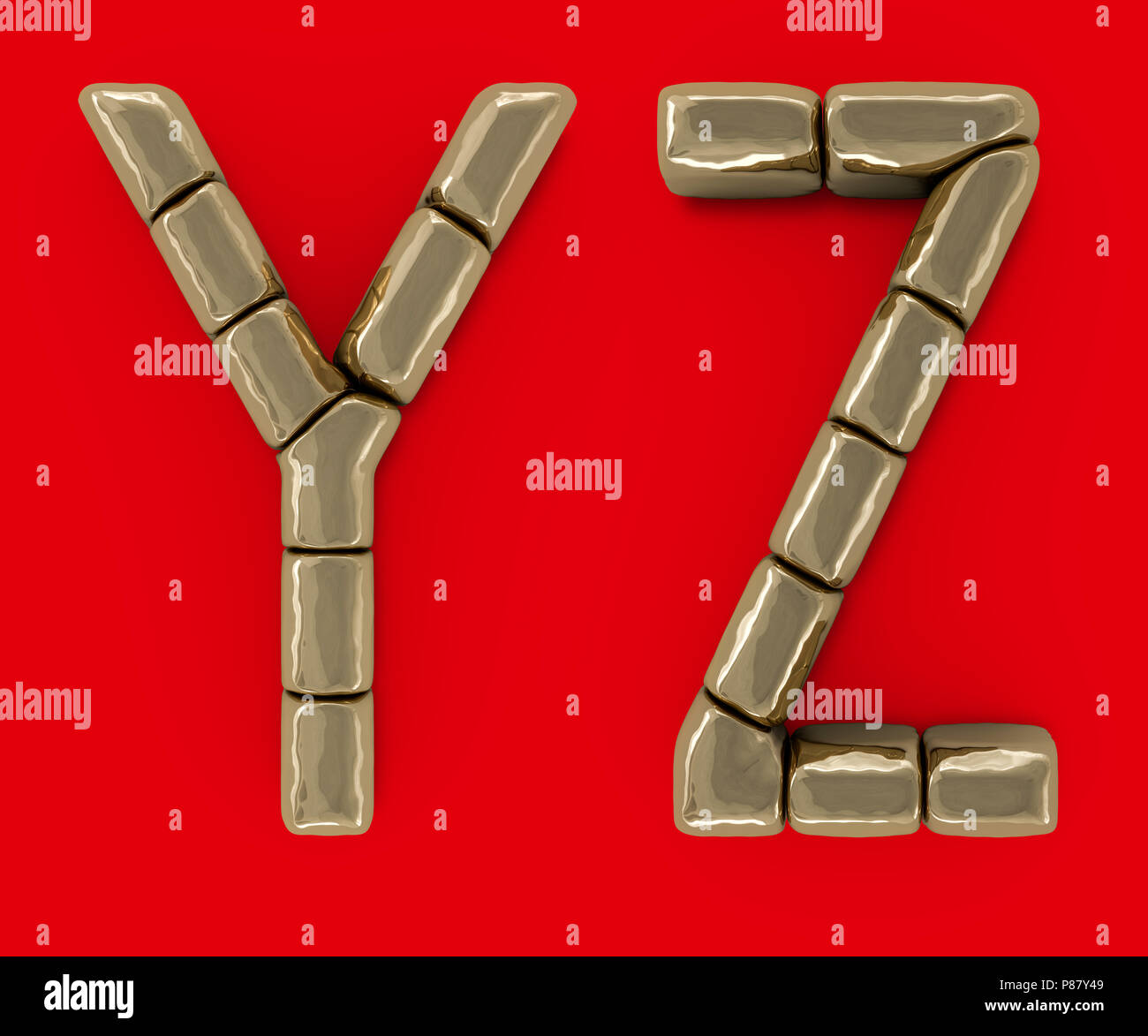 Satz von Buchstaben, Zahlen und Symbole von Gold Bars. 3D-Rendering Stockfoto
