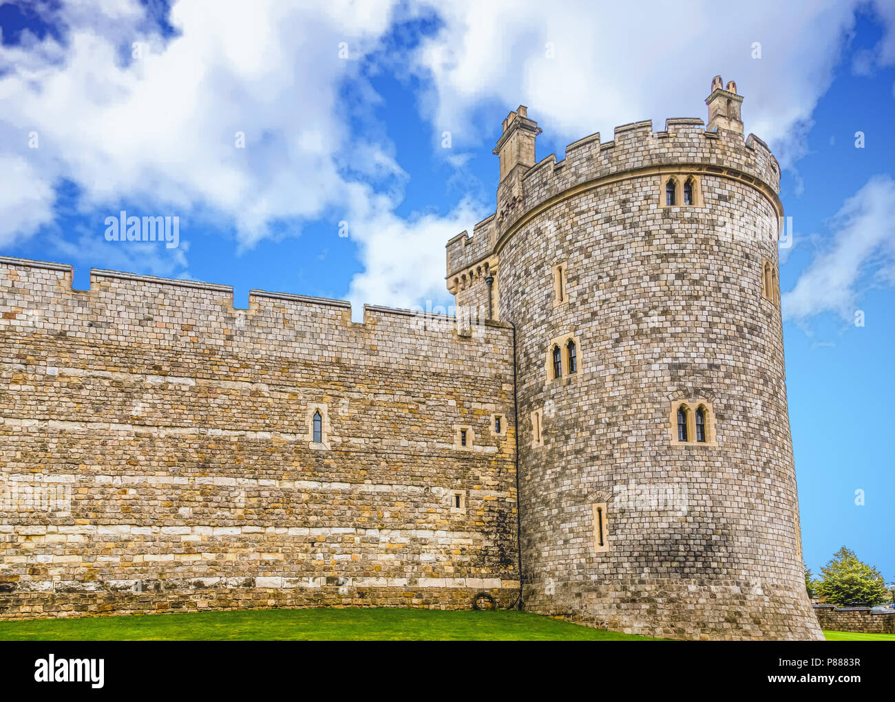 Runder Turm und Mauer auf Windsor Castle Stockfoto