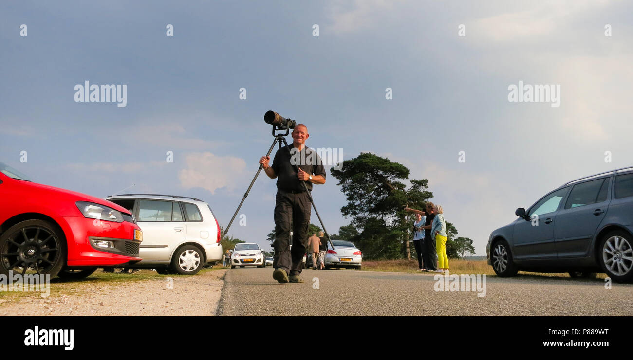 Mann lopend met Kamera op statief; Mann mit Kamera auf Stativ Stockfoto